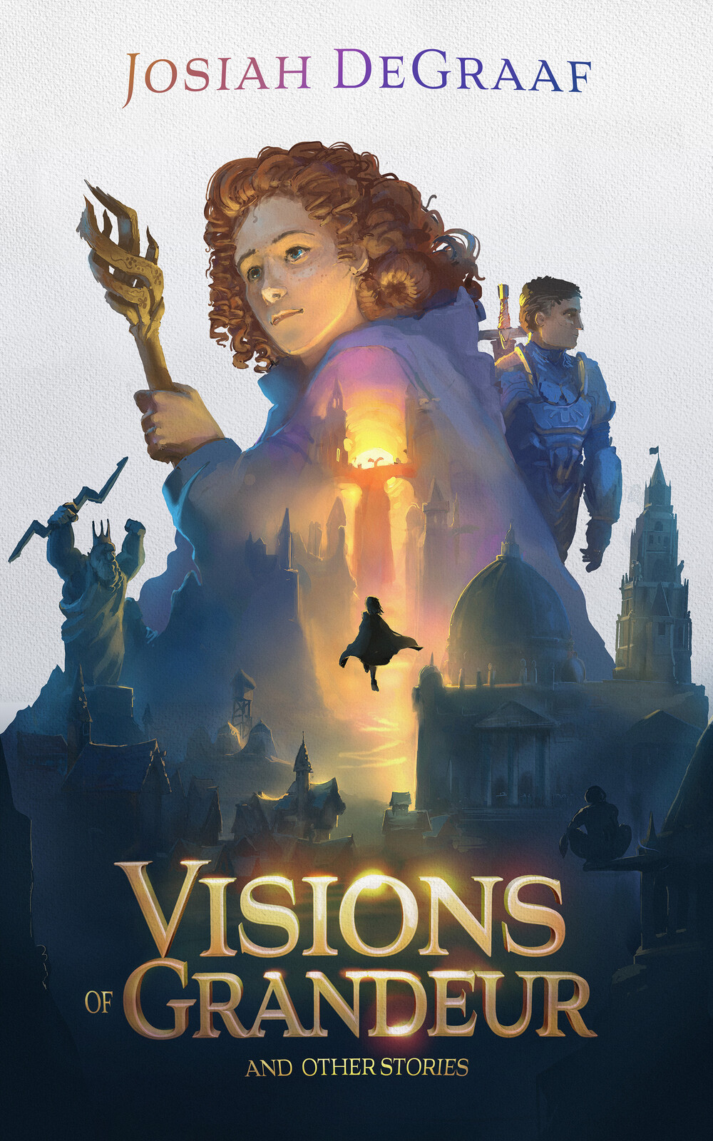 The full Visions of Grandeur book cover with layered illustrations showing key story elements.