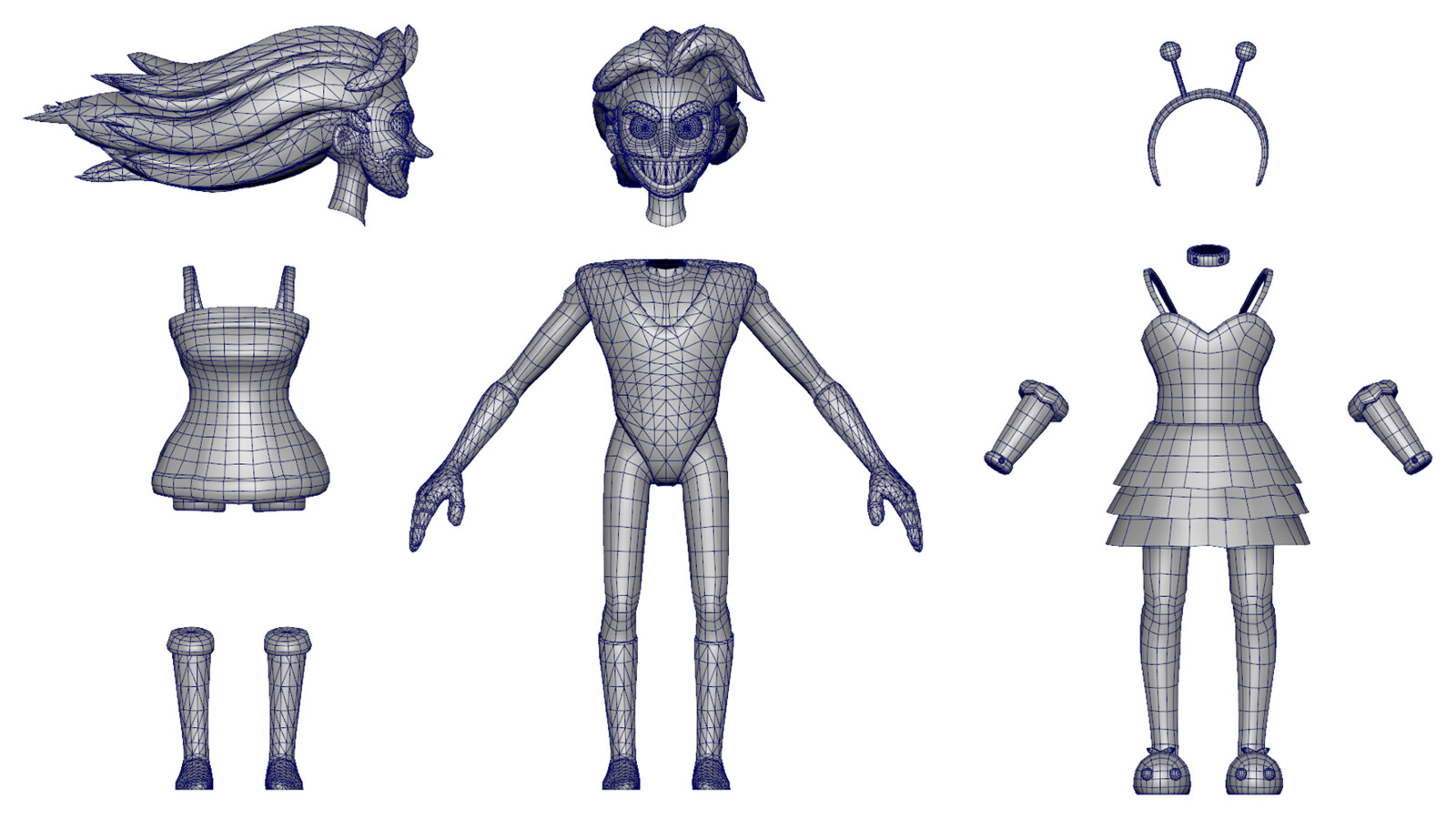 The final model is comprised of multiple meshes to allow for players to customize it's appearance.