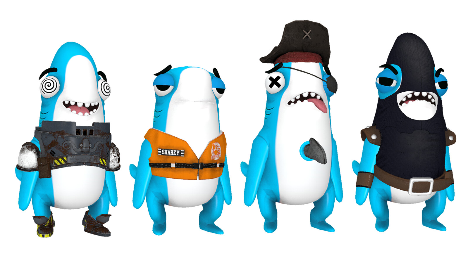 Sharky was the first character I added customization to, in the form of various mix-and-match outfits. He has several combinations of facial expressions and outfits available for the player to choose.