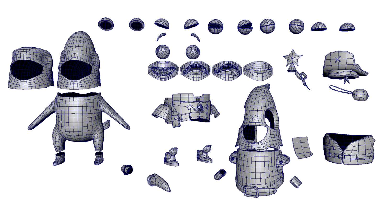 This is a look at almost all the unique meshes that make up Sharky. I learned a lot about making modular characters for the purpose of customization with this model. I may have got a bit carried away adding new outfits.