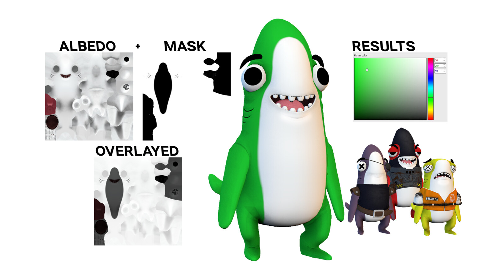 By using a texture mask with an alpha channel, in Garry’s Mod, we are able to add colour customization to our player models. The parts that need to change colour have to be white on the albedo texture. The mask is set up so any black areas will be ignored