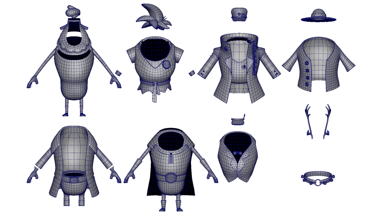 Breeh's outfits are split into body meshes and hats. There's less variations than my older models, but since we had concept art produced the outfits are more curated. 