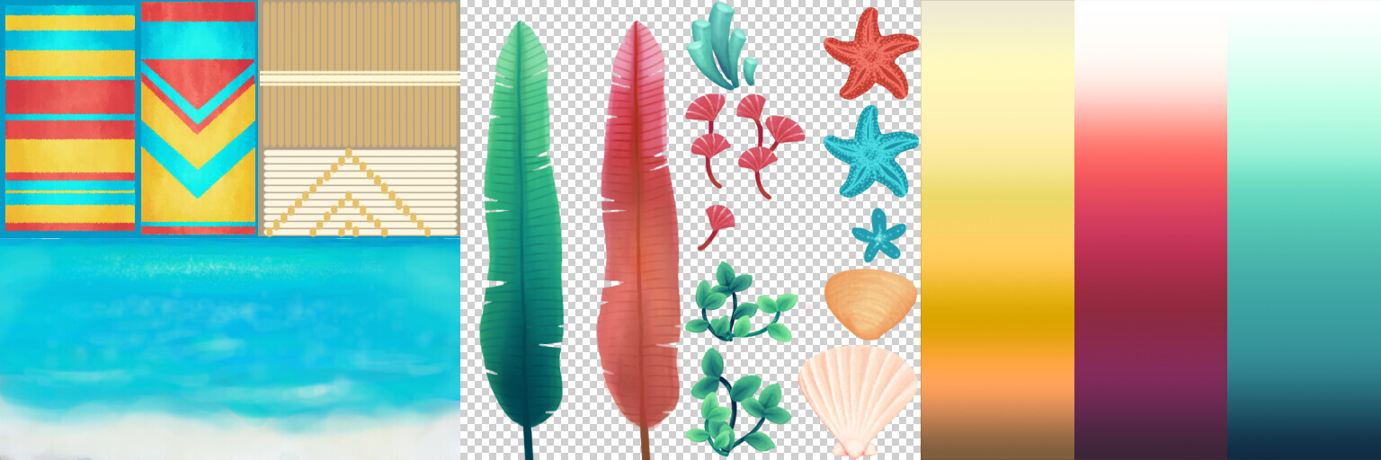 3 textures used - Painted opaque, painted with alpha, and gradients (512px each)