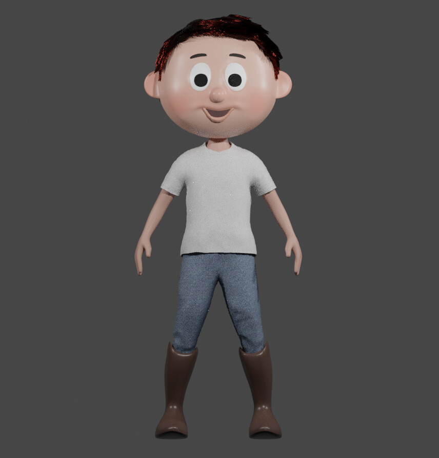 Hair Curves, baked cloth simulations, and texture painting are pretty much done. There are still some mouths that I need to make as well as some other accessories. I plan on giving him a toy gun, cowboy hat, and belt for the final animation. 