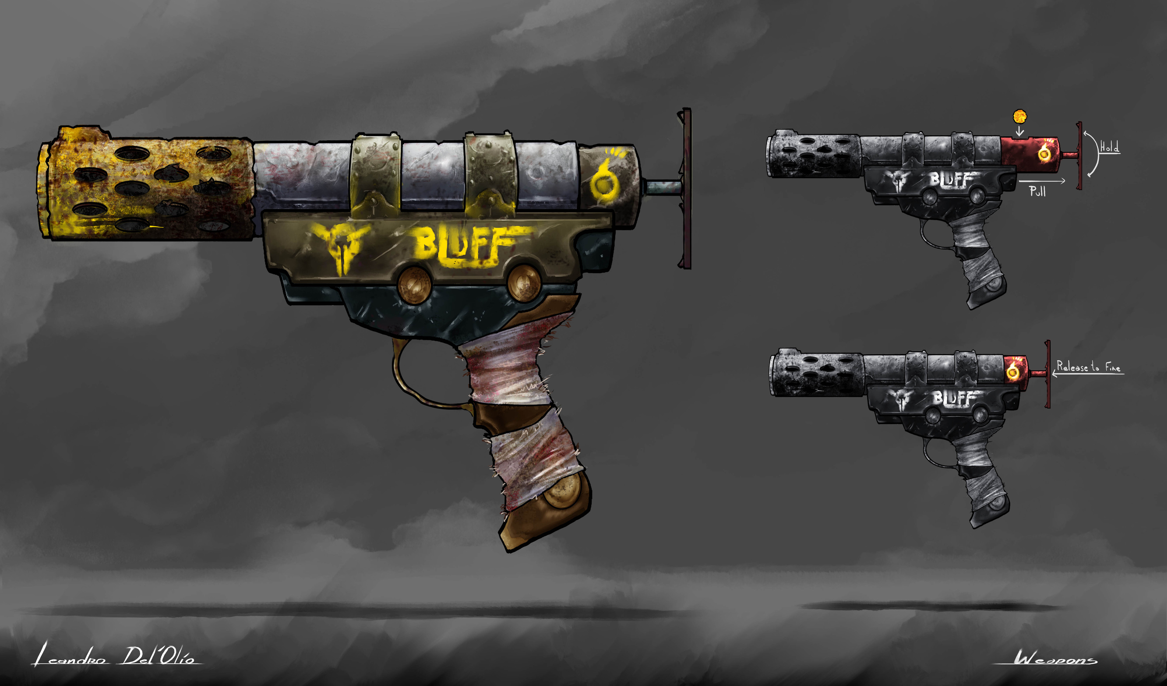 the BLUFF. this gun was fun to create. in therms of function is Slingshot. The ammunition is type of a fire cracker. the gun is design to be loud and threatening to the eye.