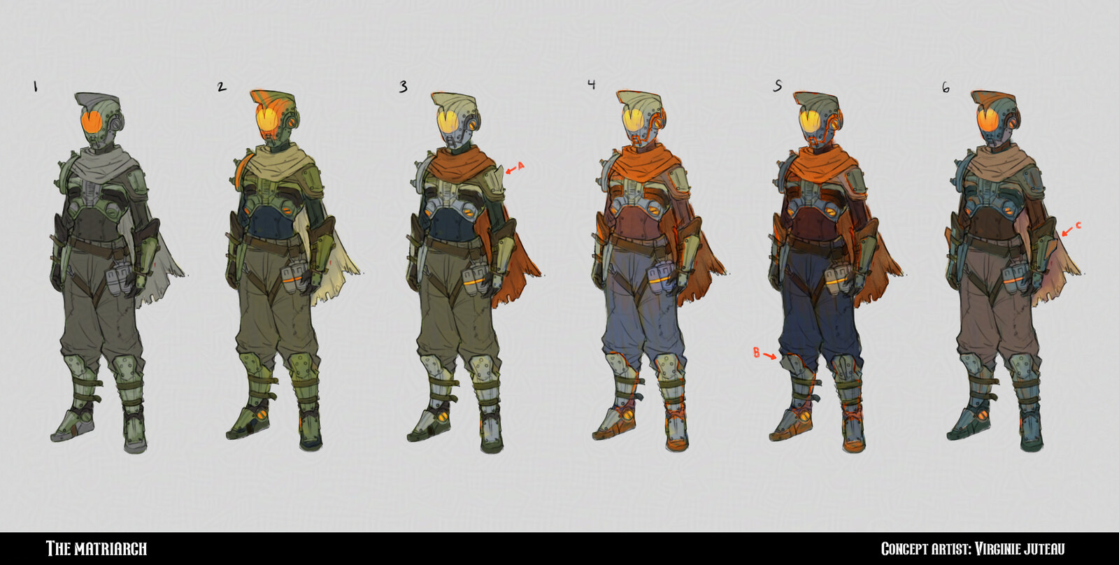 Early sketches for the character. I went a bit freeform and explored some ideas that I had. The designs were too similar to knights so I changed direction afterward. Sorry, notes are in french!