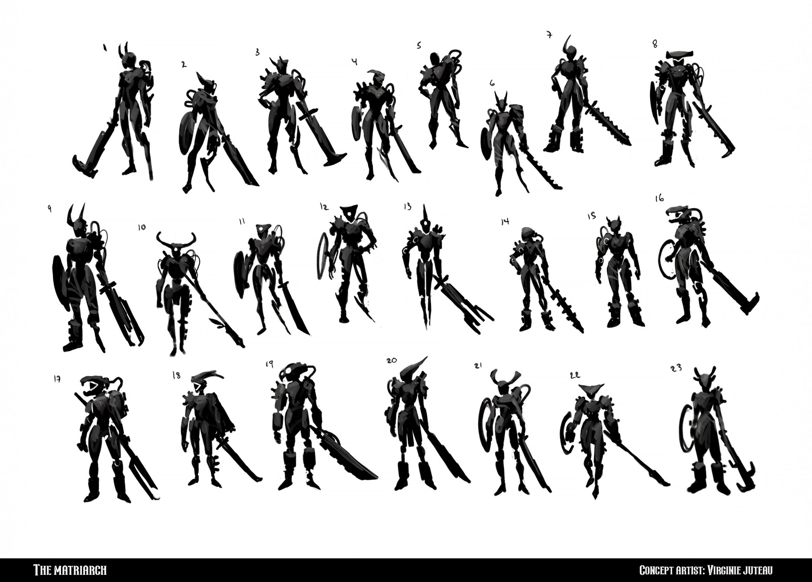 Early silhouette explorations. I went with exaggerated shapes and took inspiration from Pascal Blanché's various character designs. 