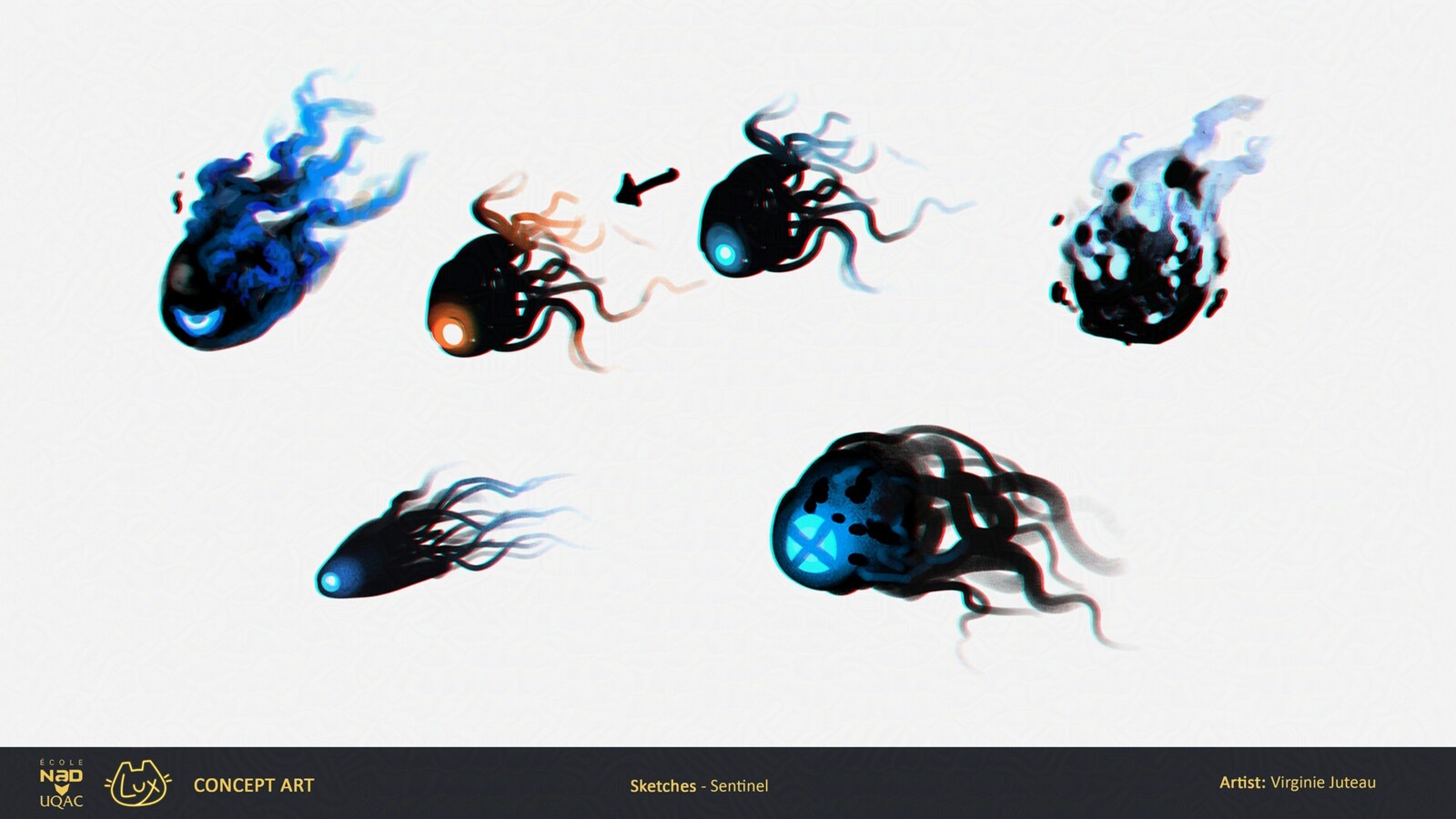 Preproduction sketch of the ennemies. At first, they were magic creatures but we went with a much more down to earth approach afterward so that it fits more with our thematic.
