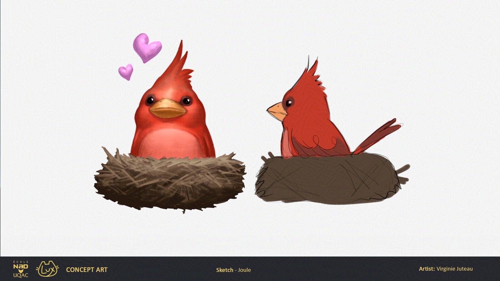Preproduction sketch updated in production for the bird NPC Joule.