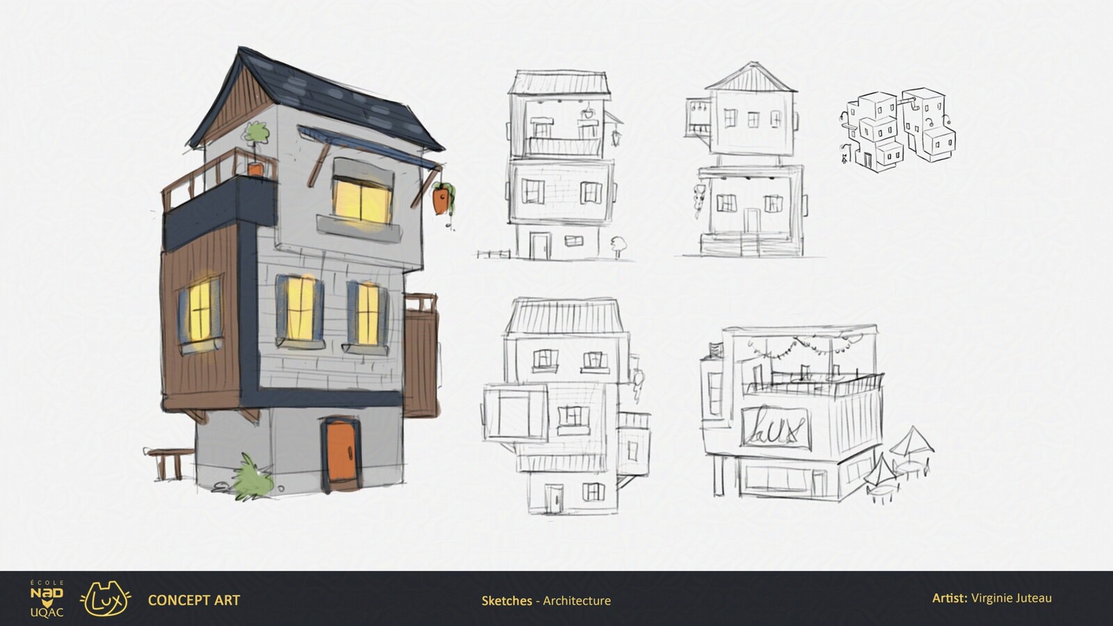 Preproduction sketches of the buildings. I suggested using modular buildings for the platforming layout.