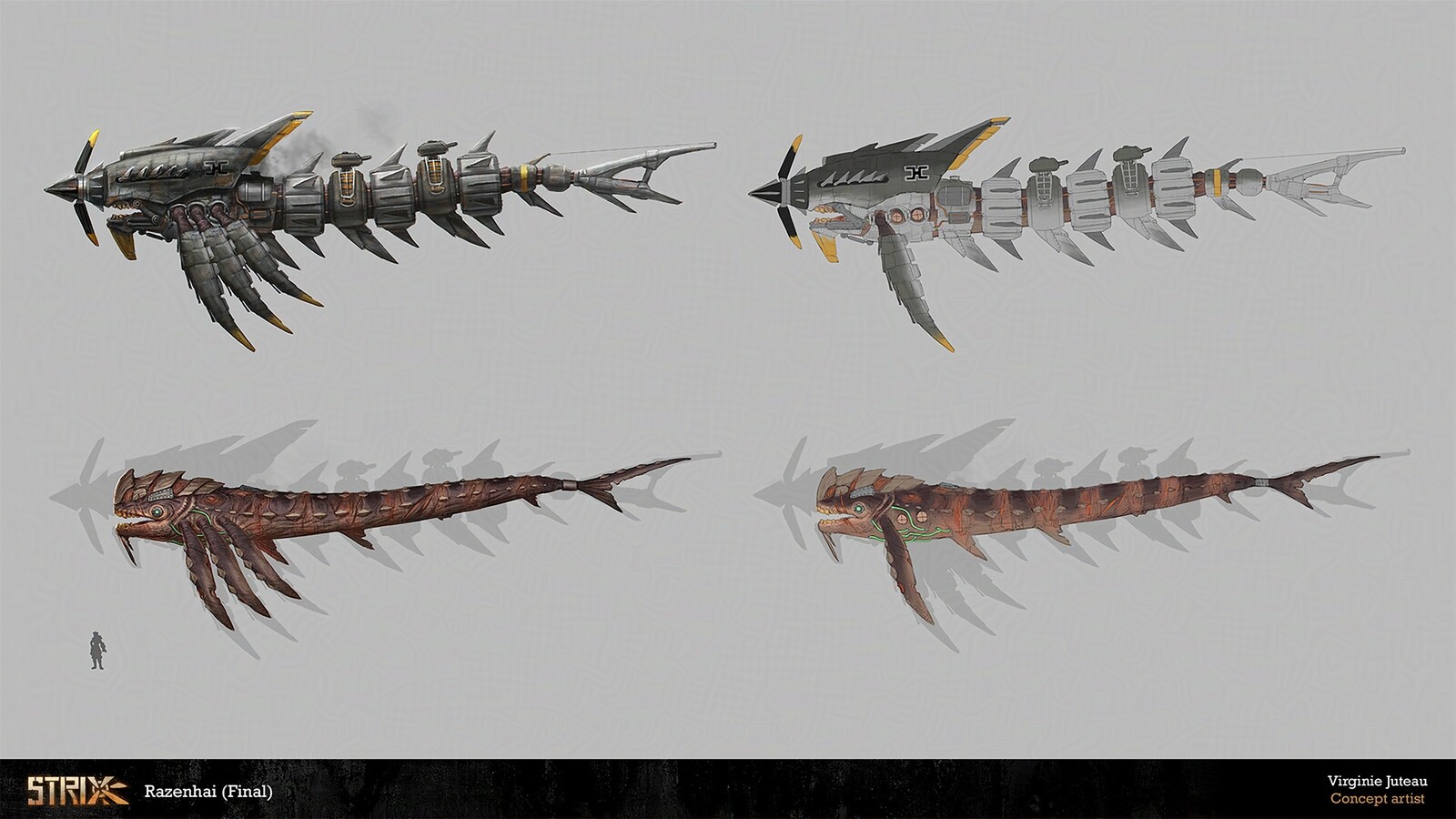 Razenhai is the antagonist in Strix. It is a half-mechanical, half-whale flying monster. A mindless mutant covered in armor and sent by a malicious gang to destroy the enemy’s airships.
