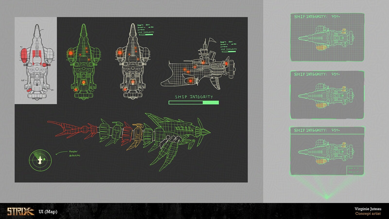 The ship's map. Nickela can display it with her gauntlet. It had to be easy to see in the different environments and show the broken parts clearly. It is inspired by old mechanical drawings of planes.