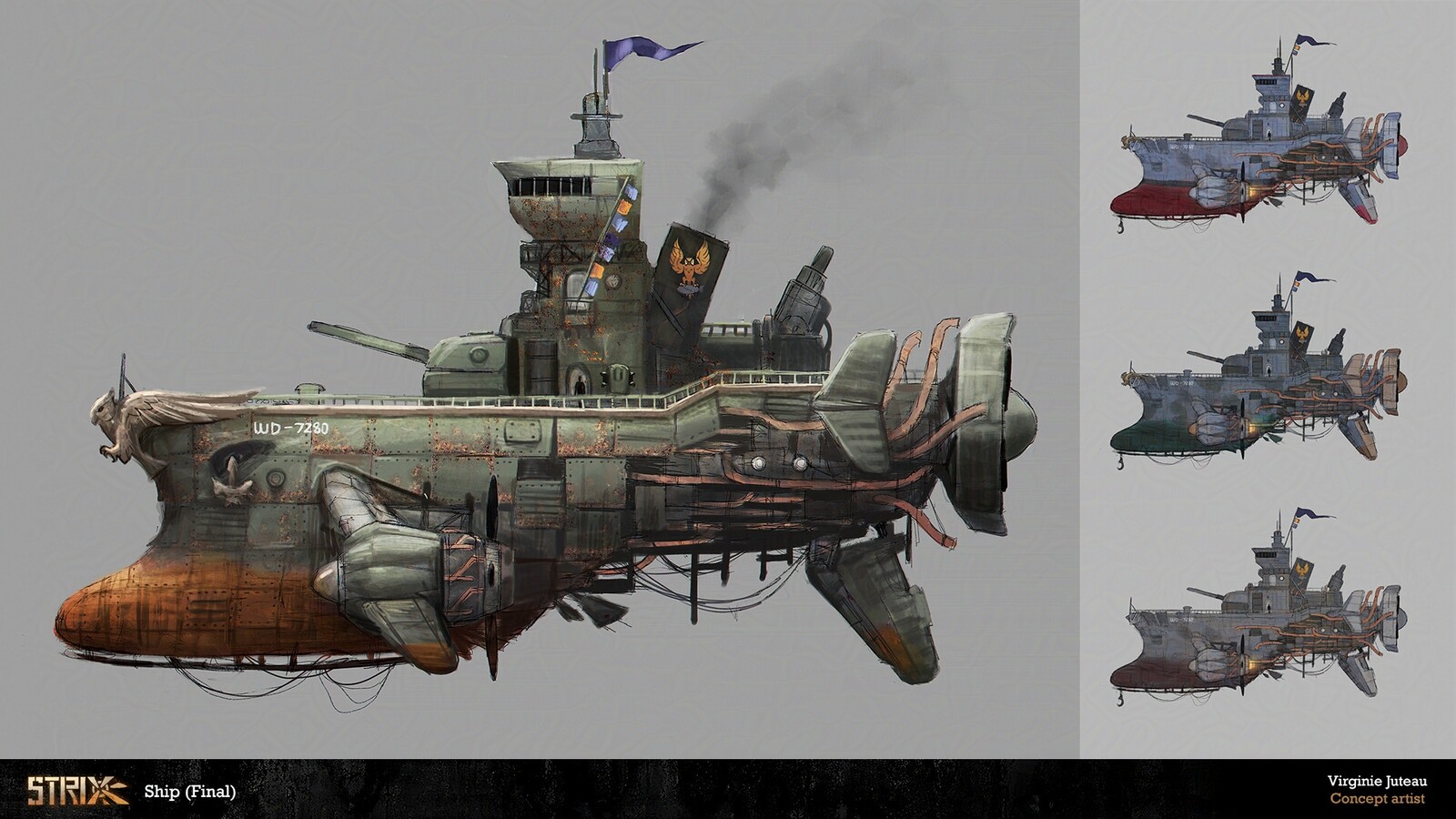 Strix is the airship. It used to be a warship but Nickela modified it. We went with a green color so it's more visible in the dark blue foggy environment.