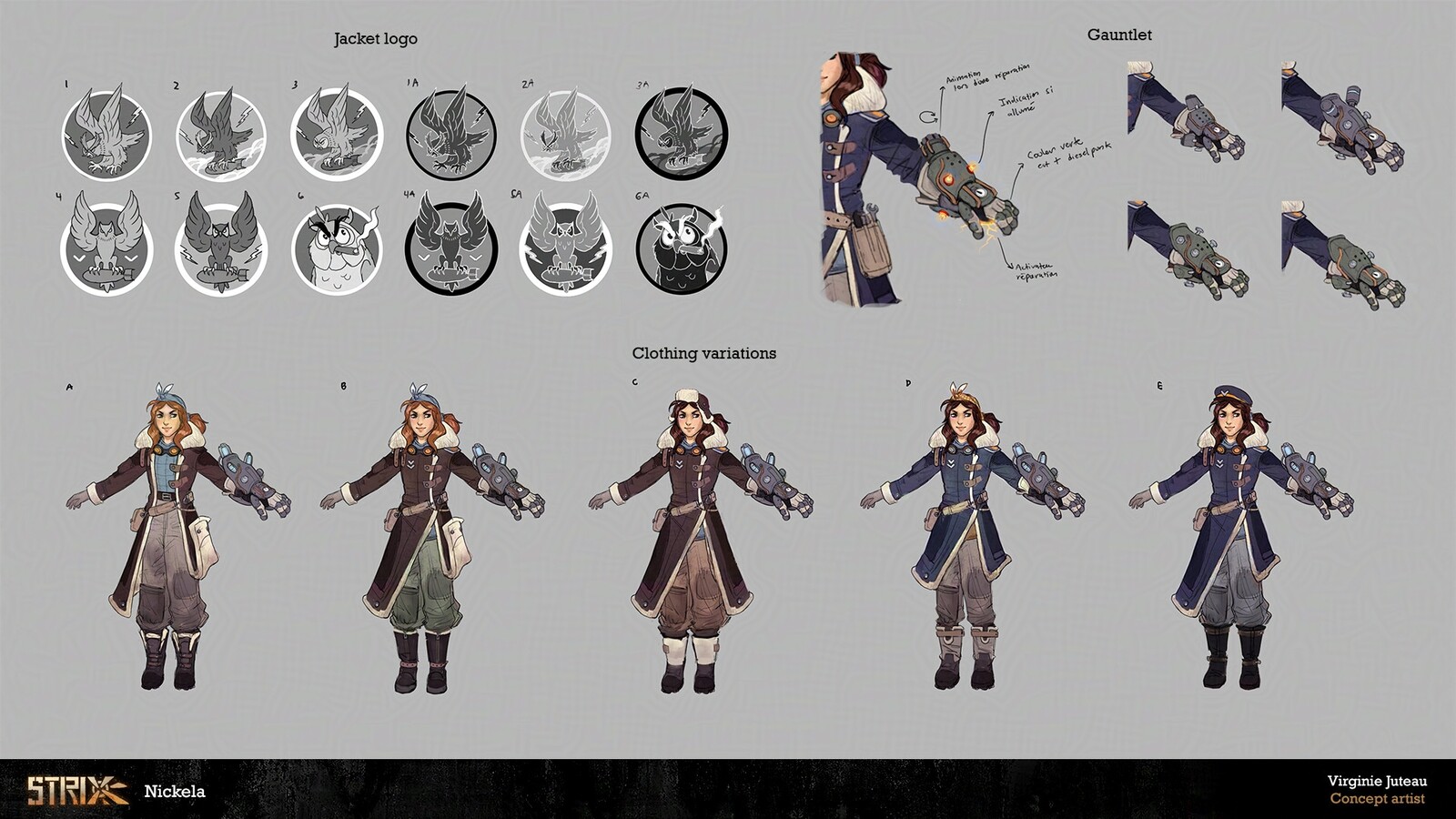 We explored several variations for Nickela but we kept blue since it was very visible in the mainly green ship environment. We also wanted her to have her own pilot jacket logo. Thanks to Alex for providing basic blocking for drawings at the bottom.