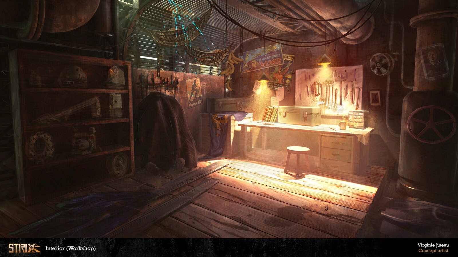 The character's workshop is warmer than all the other rooms. It is a more personal space and we can learn a bit more about the character's personality.