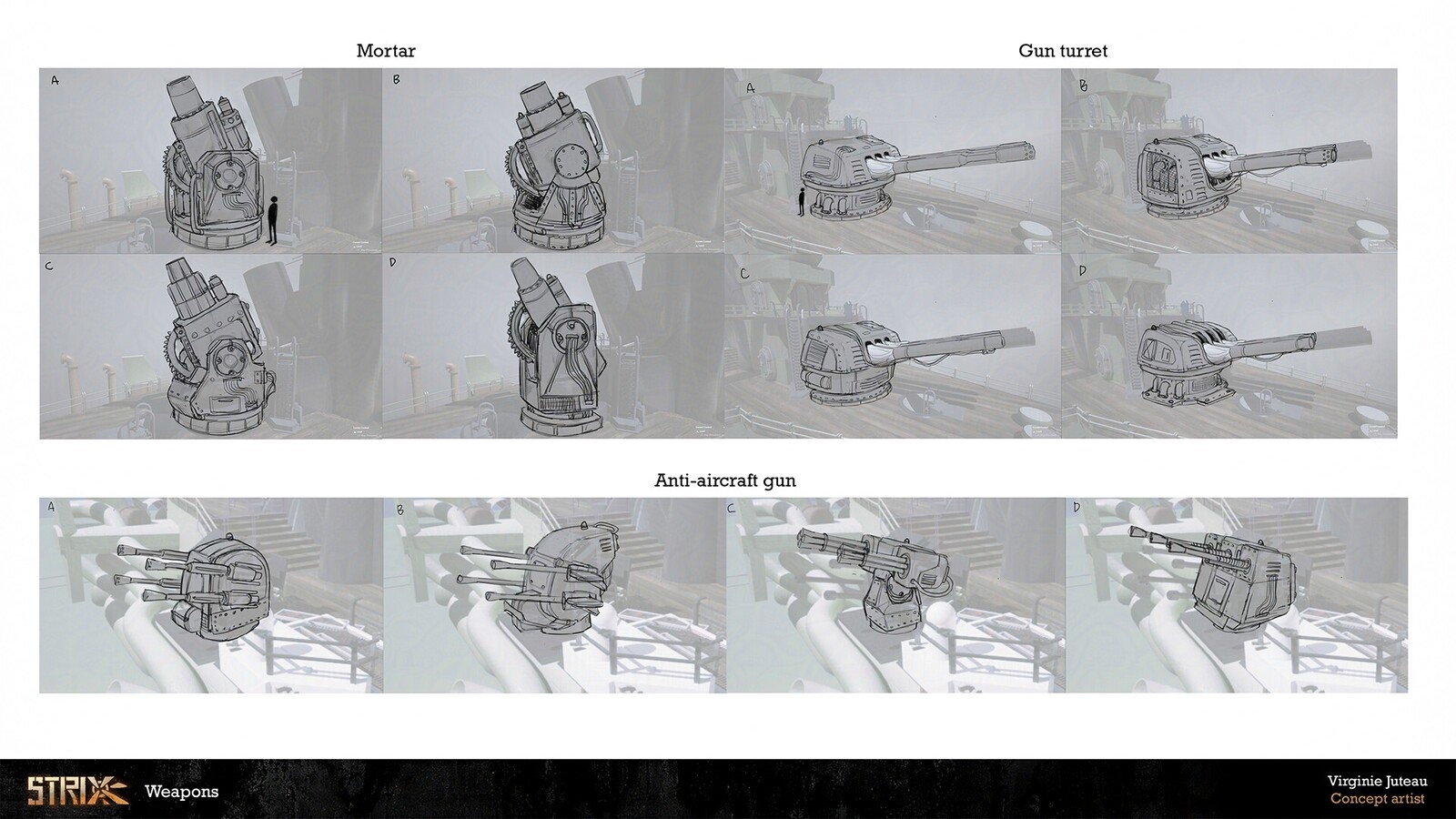 Strix has multiple weapons that the player can use to take down the creature. Those were sketches done over early blockings.