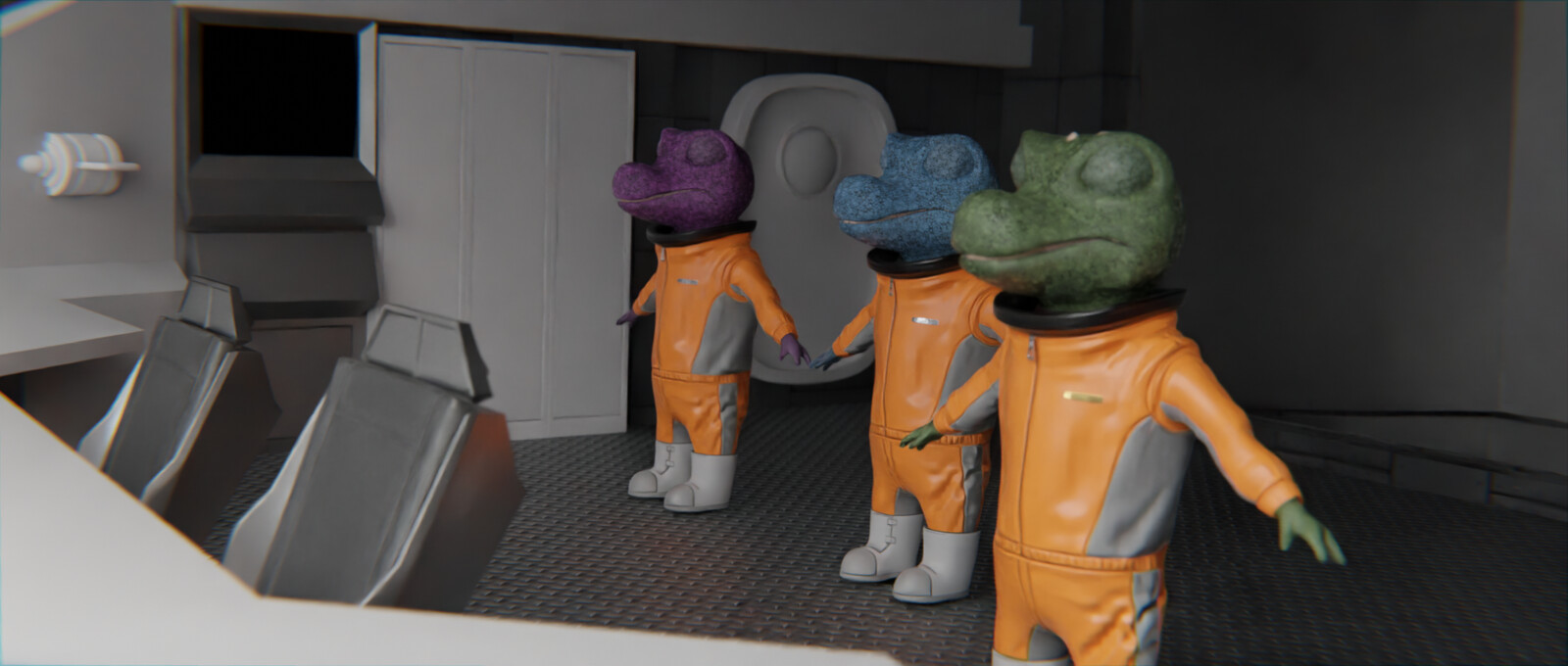 Here's a better look at the three characters. Aside from the spines on Green, they use the same meshes with different texture paint. In this image they also are wearing badges to denote rank. I didn't like way they deformed so I just took them out for now