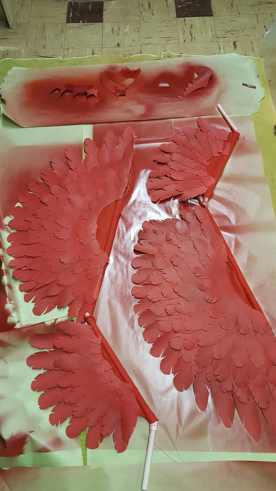 Foam feathers spray painted to achieve a color more accurate to the real feathers yet to be added.