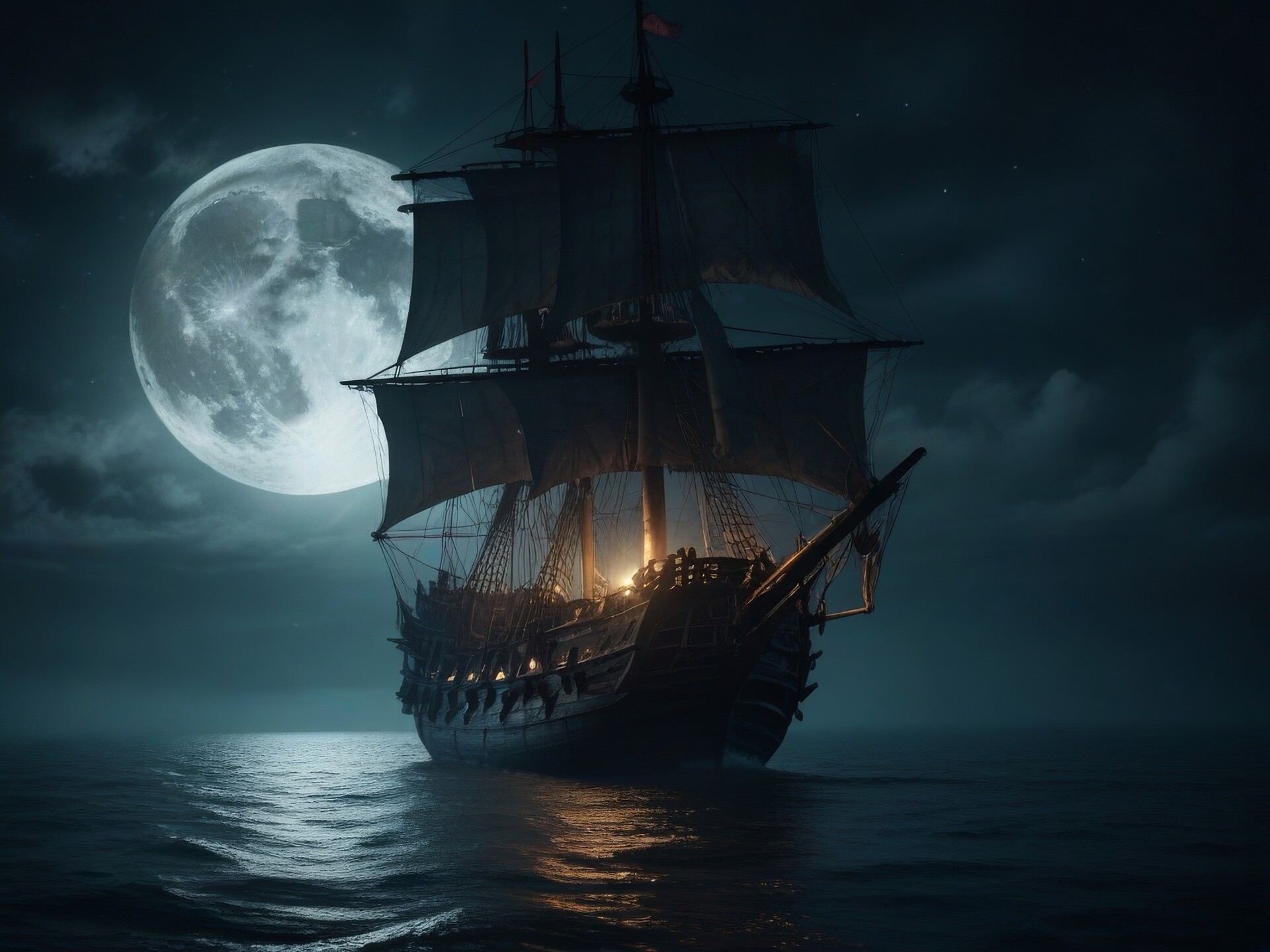 ArtStation - A lonely pirate ship drifting in the moonlit ocean