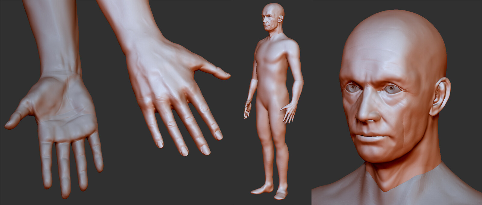 Sculpts for hands and head done in detail, the rest of the body is just a rough block in for what will be used in Marvelous Designer later.