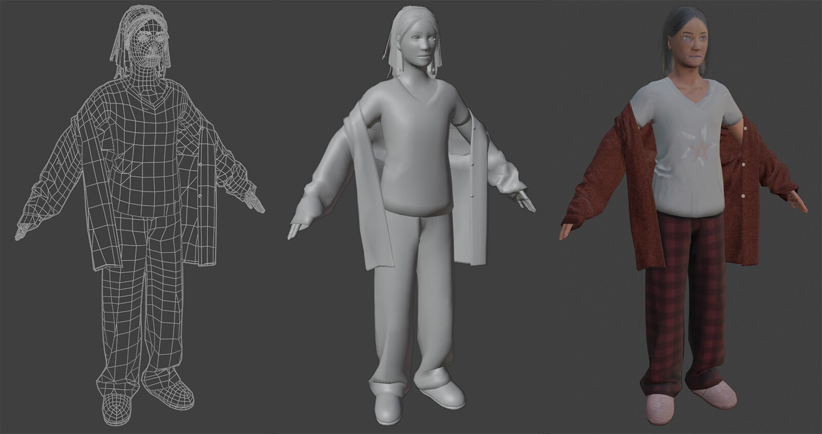 The body and clothes are retopologized in Maya, and the hair cards are put in place. Even thought it's not used in the final result, the torso and legs are retopologized to create a custom avatar for Marvelous Designer.