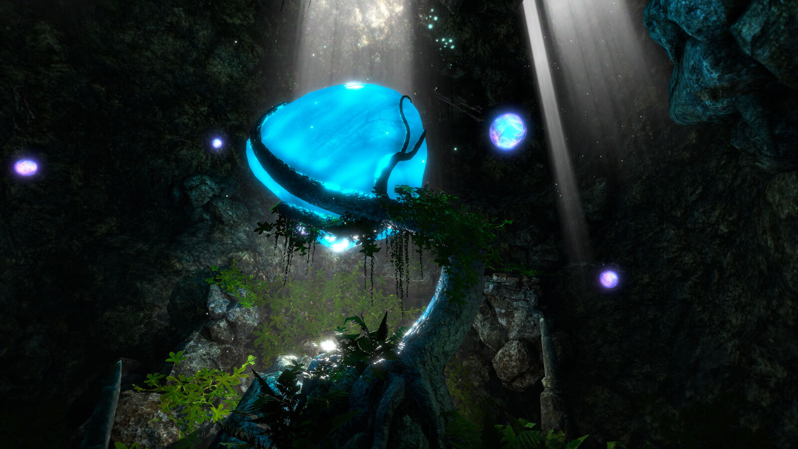 Custom built "tree", bioluminescent fungi and sprite VFX.