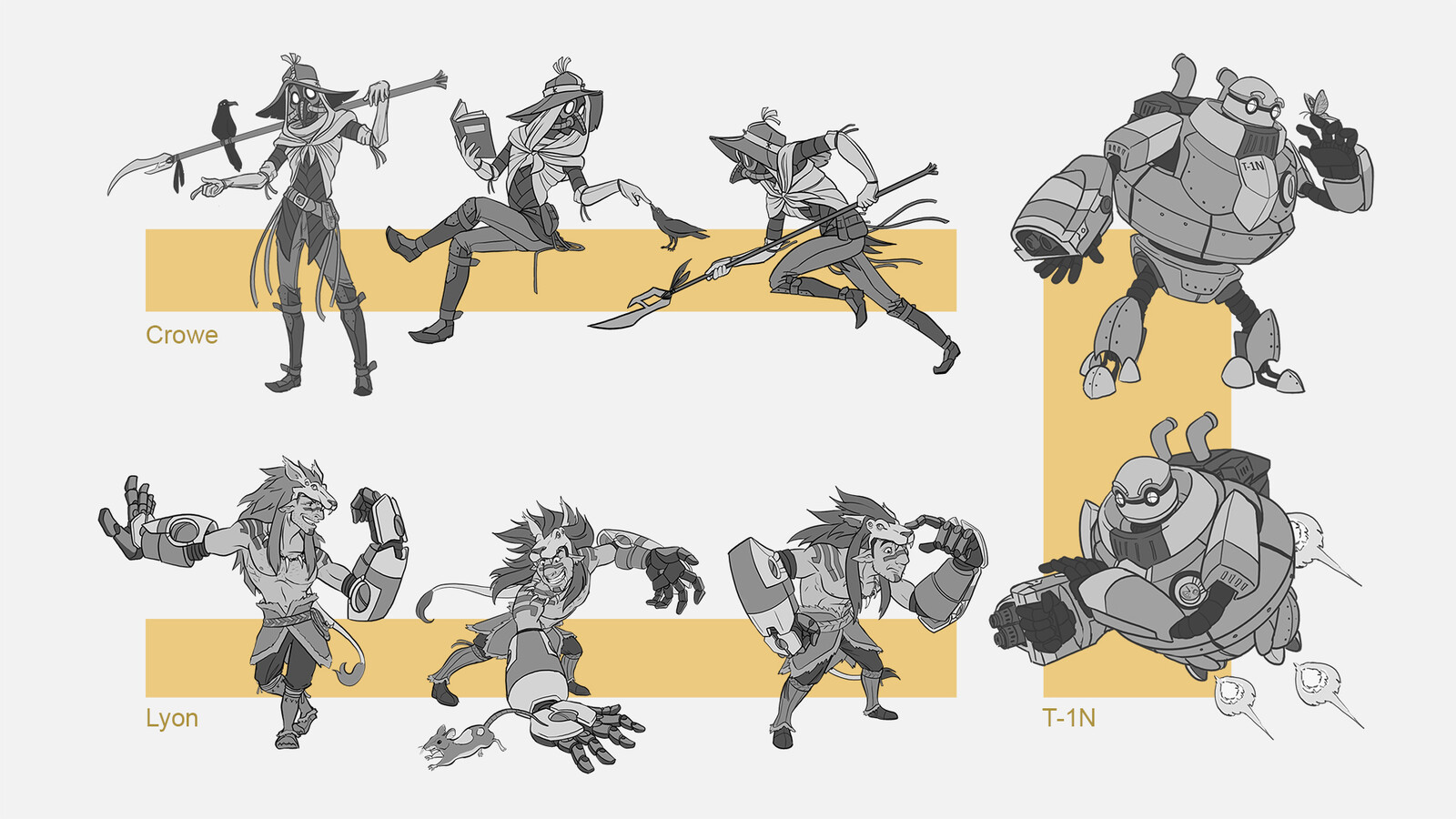 Dorothy's allies: Crowe (based on Scarecrow), Lyon (based on the Cowardly Lion), and T-1N (based on the Tin Woodman)