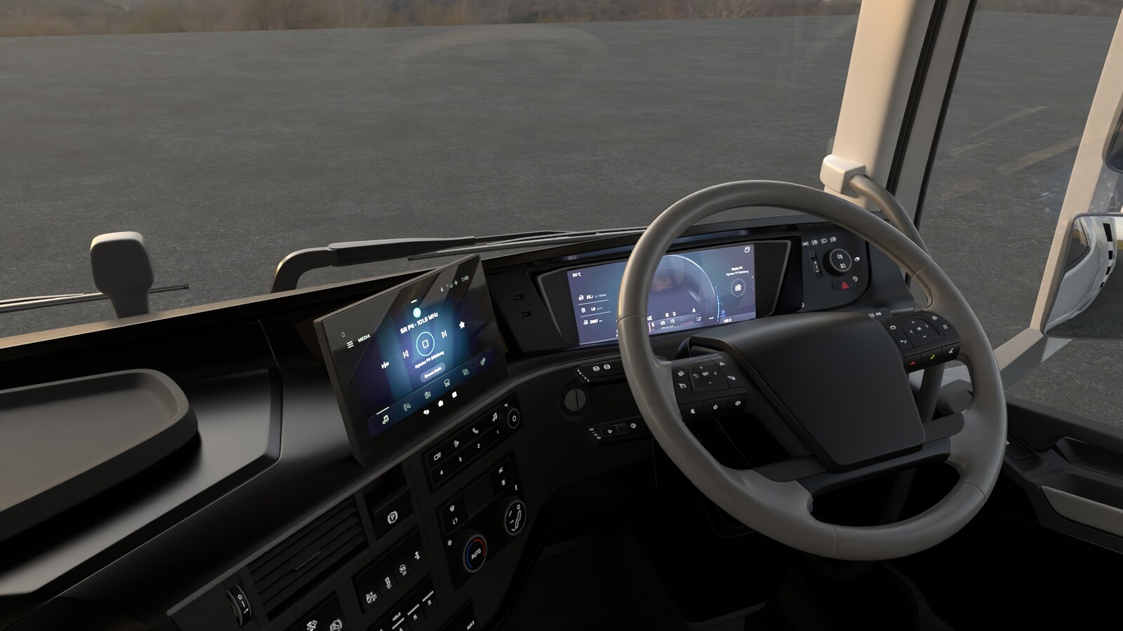 Truck cab surfacing work, some adaption of textures included with the stock asset (like switch labels), some new textures for things like dash materials. The screens also required some significant overhaul to allow for dynamic graphics, such as speed