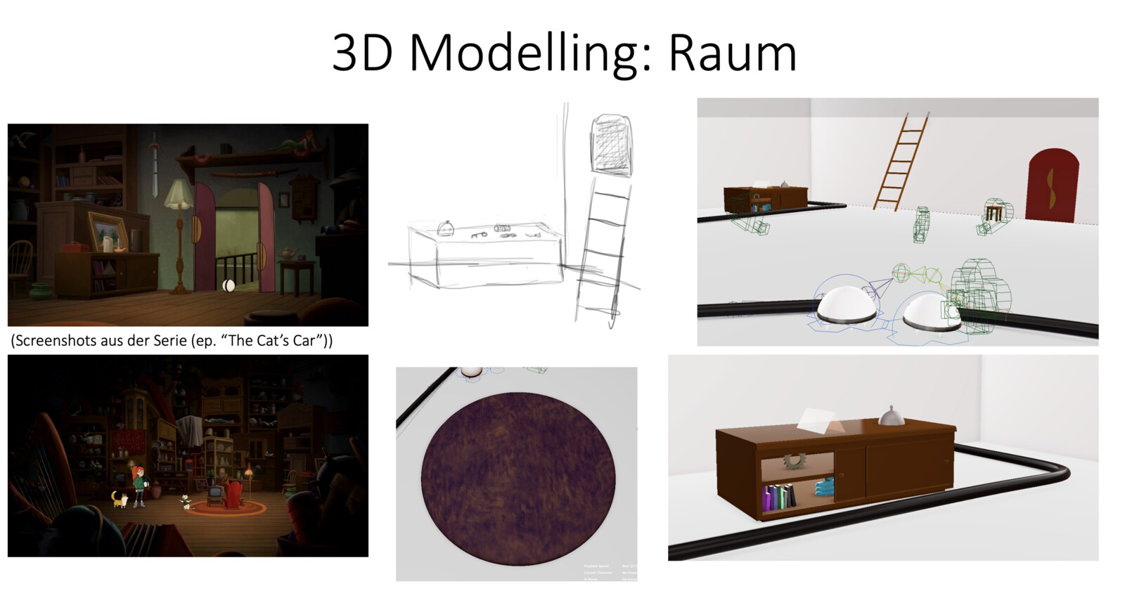 3D modeling: room (screenshots on the left are from the tv show, episode "the cat's car", which the room was inspired by. Basically, what the early stage of that room could've looked like.)