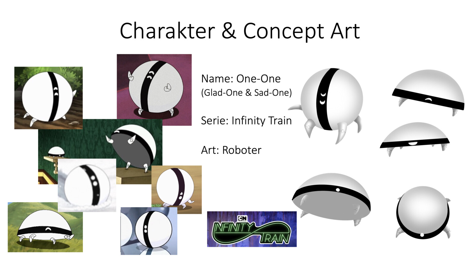 character refs on the left; my 3d concept drawing on the right 