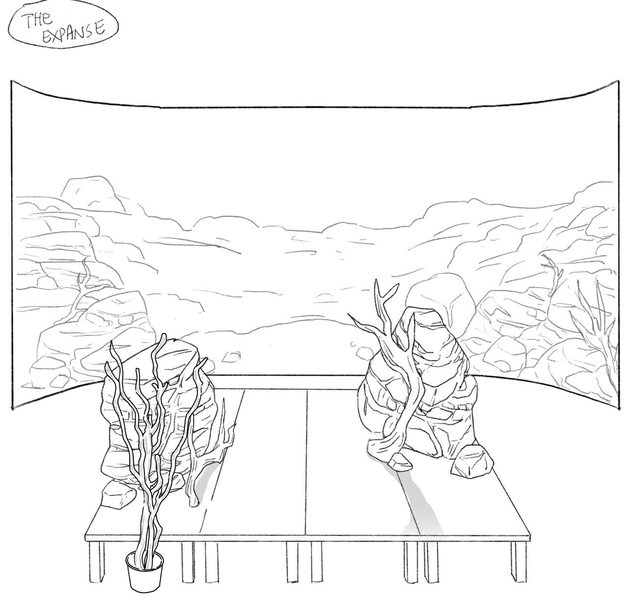 The sketch of the Expanse scene with the physical cliff props and the background LED screen juxtaposed together for on-site referencing.