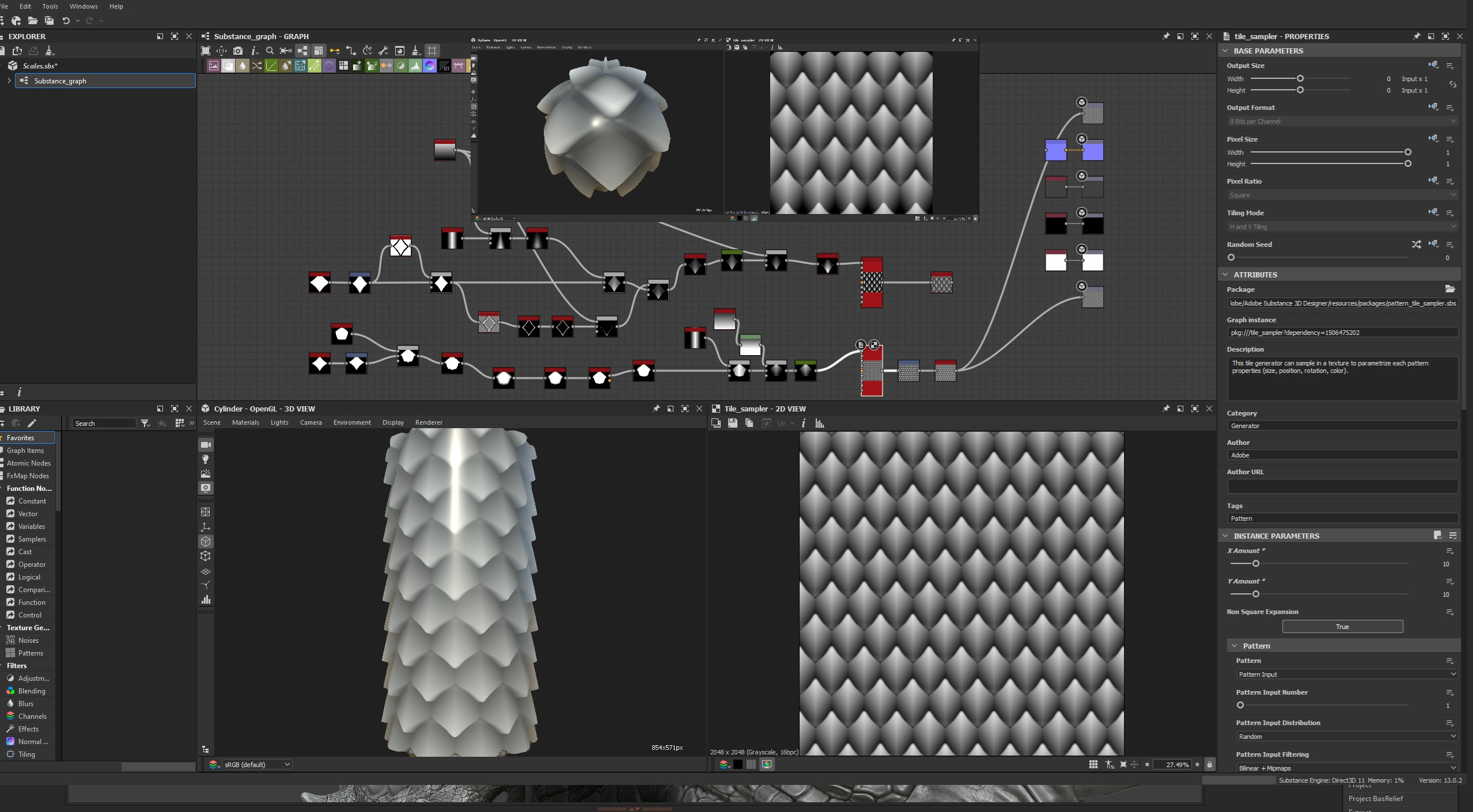 Experimentation with Substance Designer for scale patterns. These alphas went unused but I can see the power and potential for this workflow.