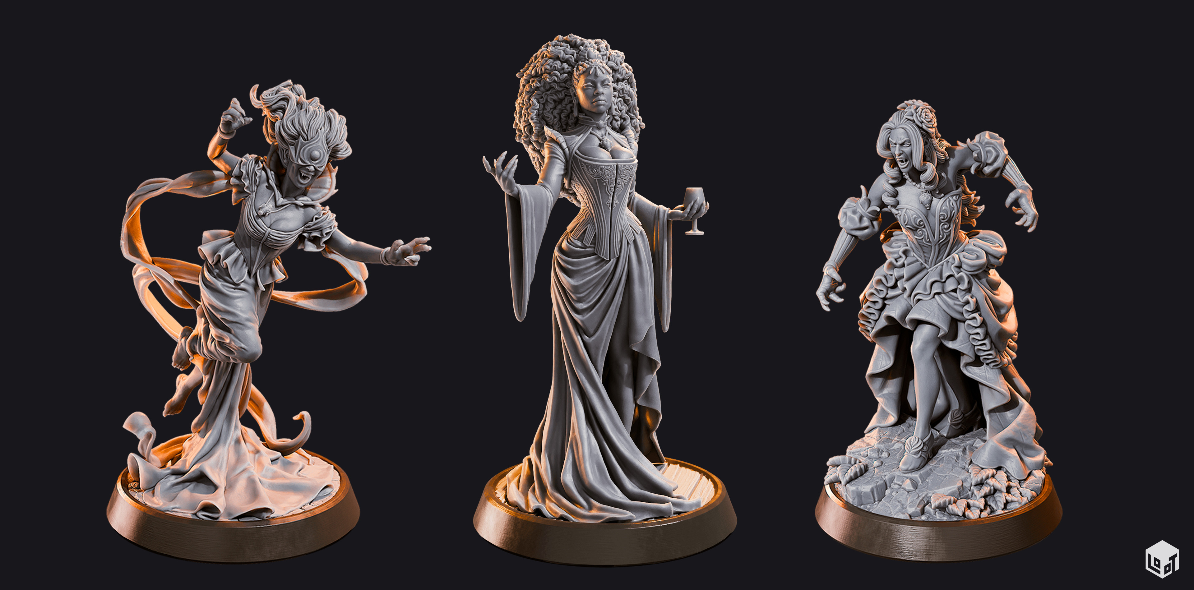Final miniatures, sculpted by Thales Augusto (Goria), Caio Beluci (Leidina) and Diogo Colares (Cierpena)