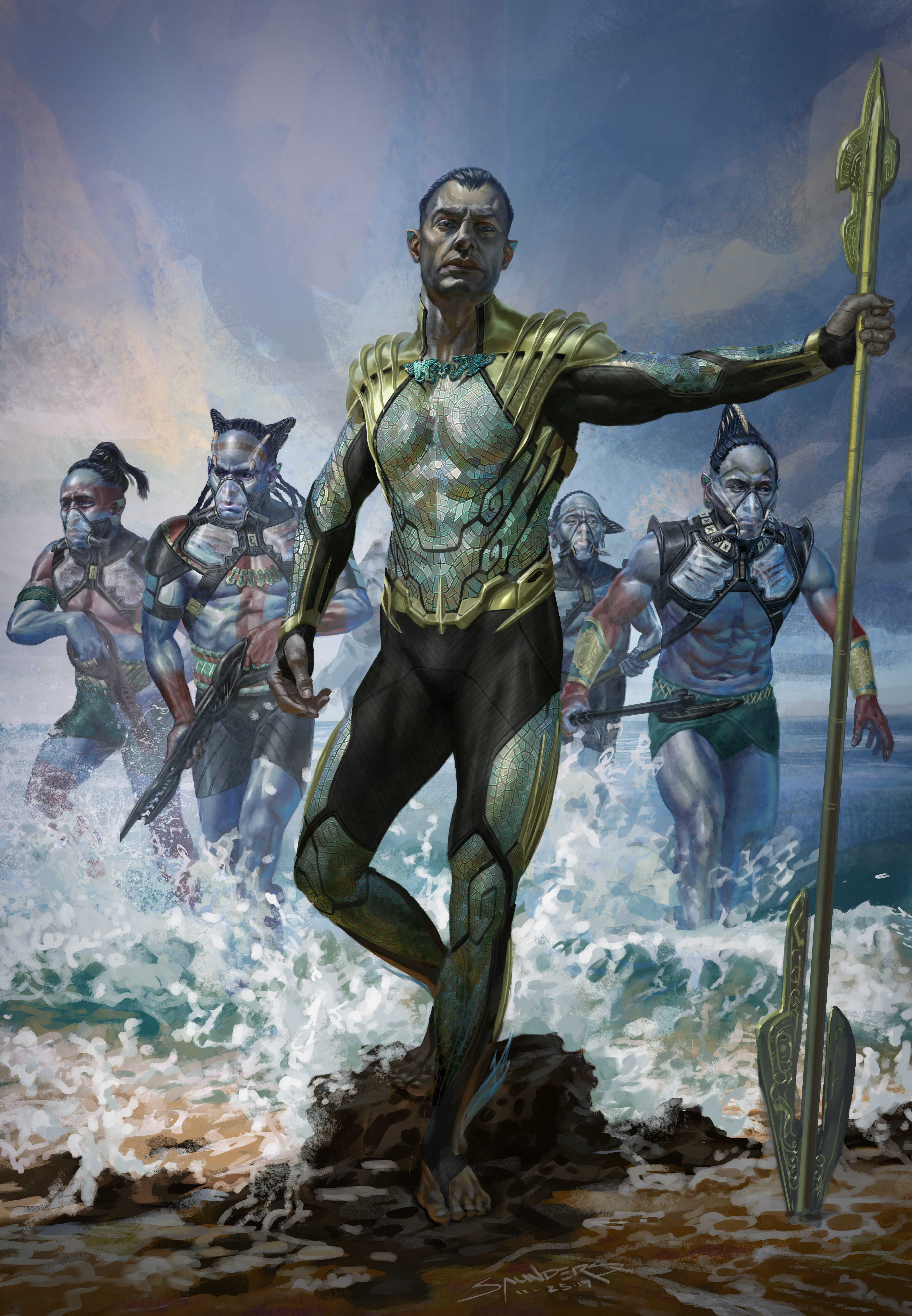 A full-body alternative loosely inspired by the Phoenix Five suit, but substituting the bare torso with a flexible mother-of pearl mosaic armor. The Talokan here are wearing liquid re-breathers over chest gills. 