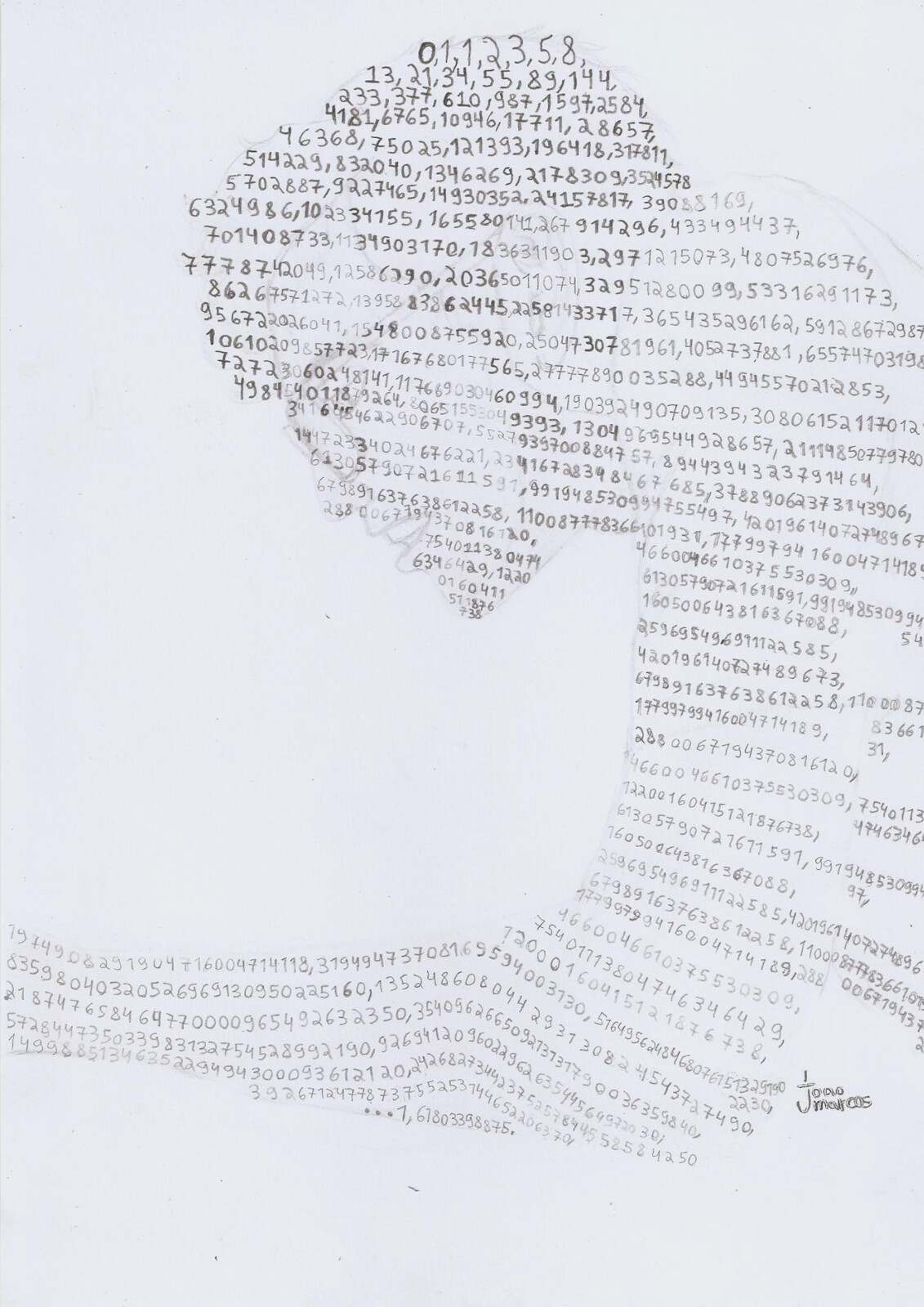 "Davi, Deus é o meu código fonte". Obra realizada apenas com números, e variações de tons, para sugerir o retrato dele