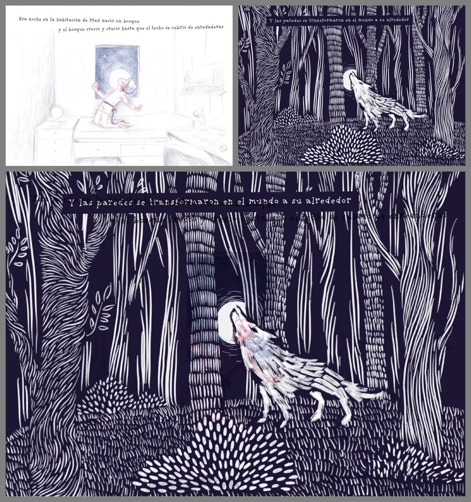 Third page of the book: Max, a child, playfully howls at the moon from his bedroom. Then, as a whimsical wolf, he howls in his imaginary forest. The final image shows Max in both worlds, where reality subtly shines through his vivid imagination.
