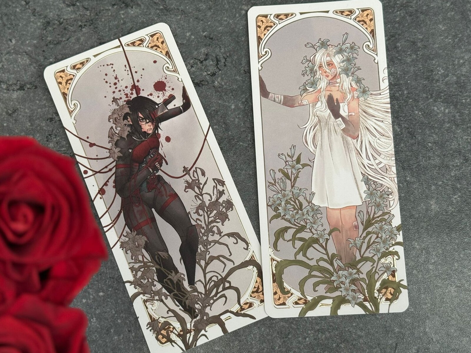 Custom made double-sided bookmarks with gold foil ornaments