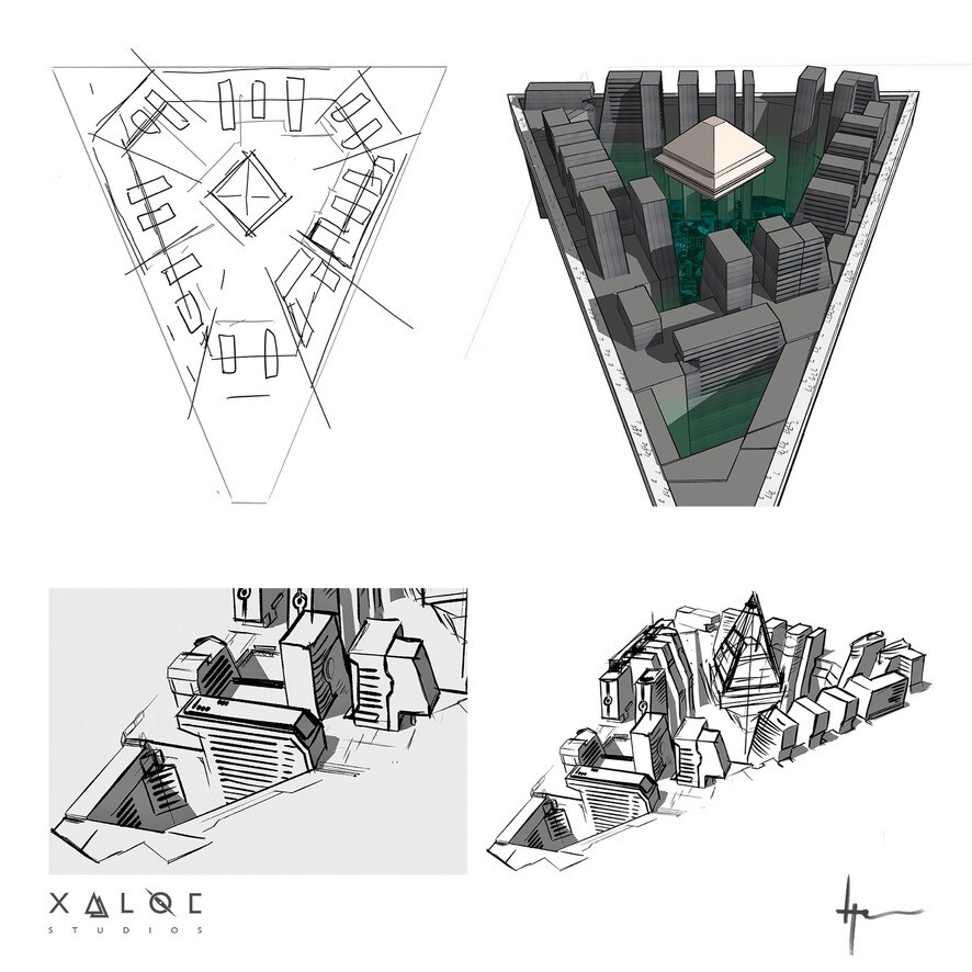 The concept was clear from the beginning: to create the experience of a cyberpunk downtown without explicitly defining the street level. This approach generates a compelling contrast between this thematic district and the other surrounding districts.