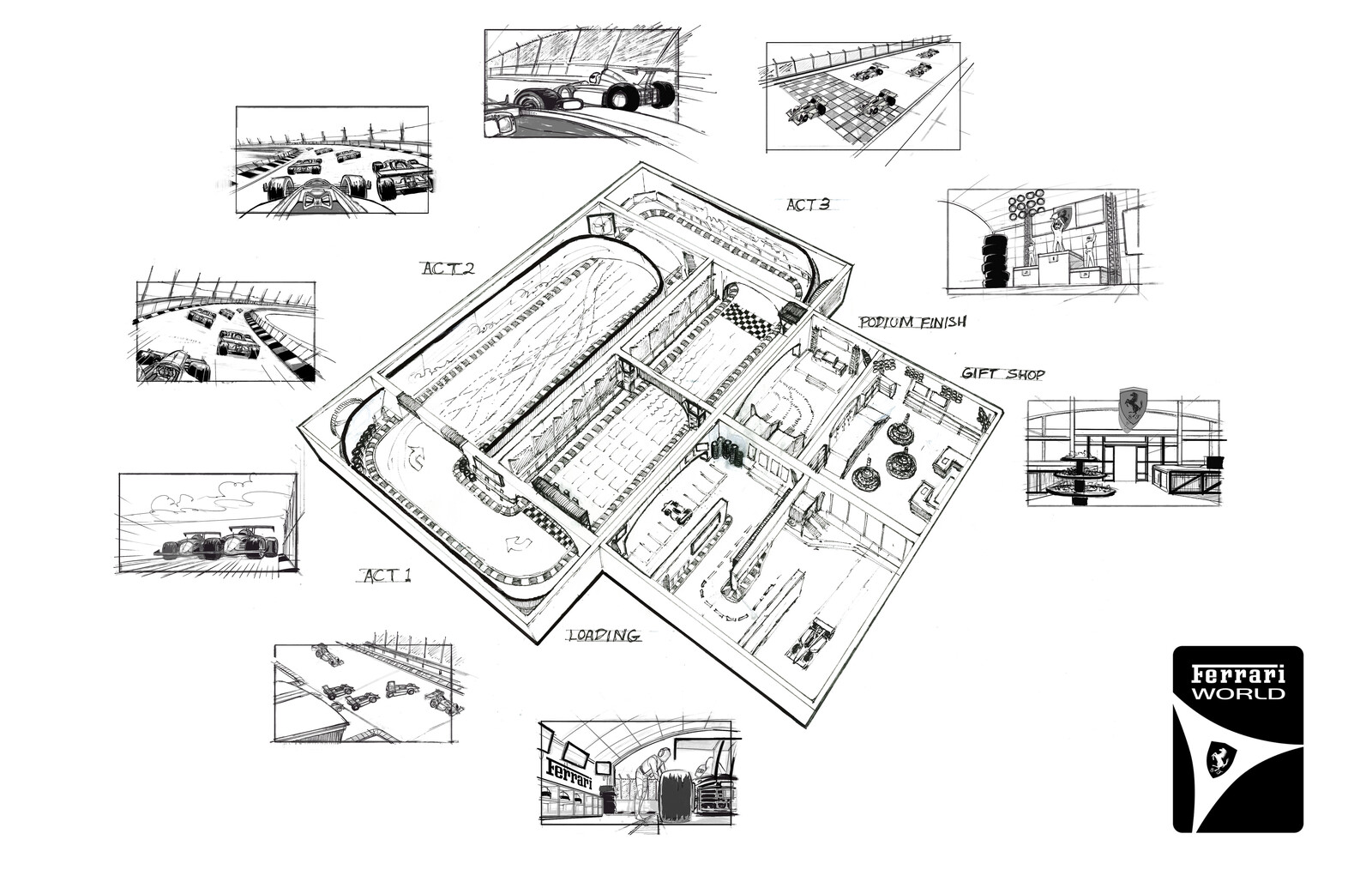 Ferrari world - The Grid Dark Ride Storyboards