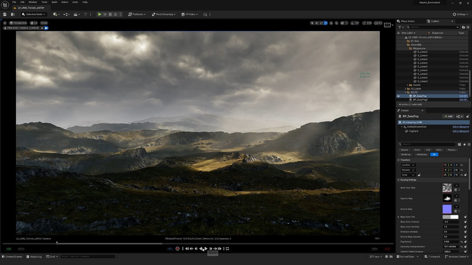 UE5 Scene setup.
The god rays are from animated light function I created on my key light to give the impression of moving clouds casting shadows over the landscape