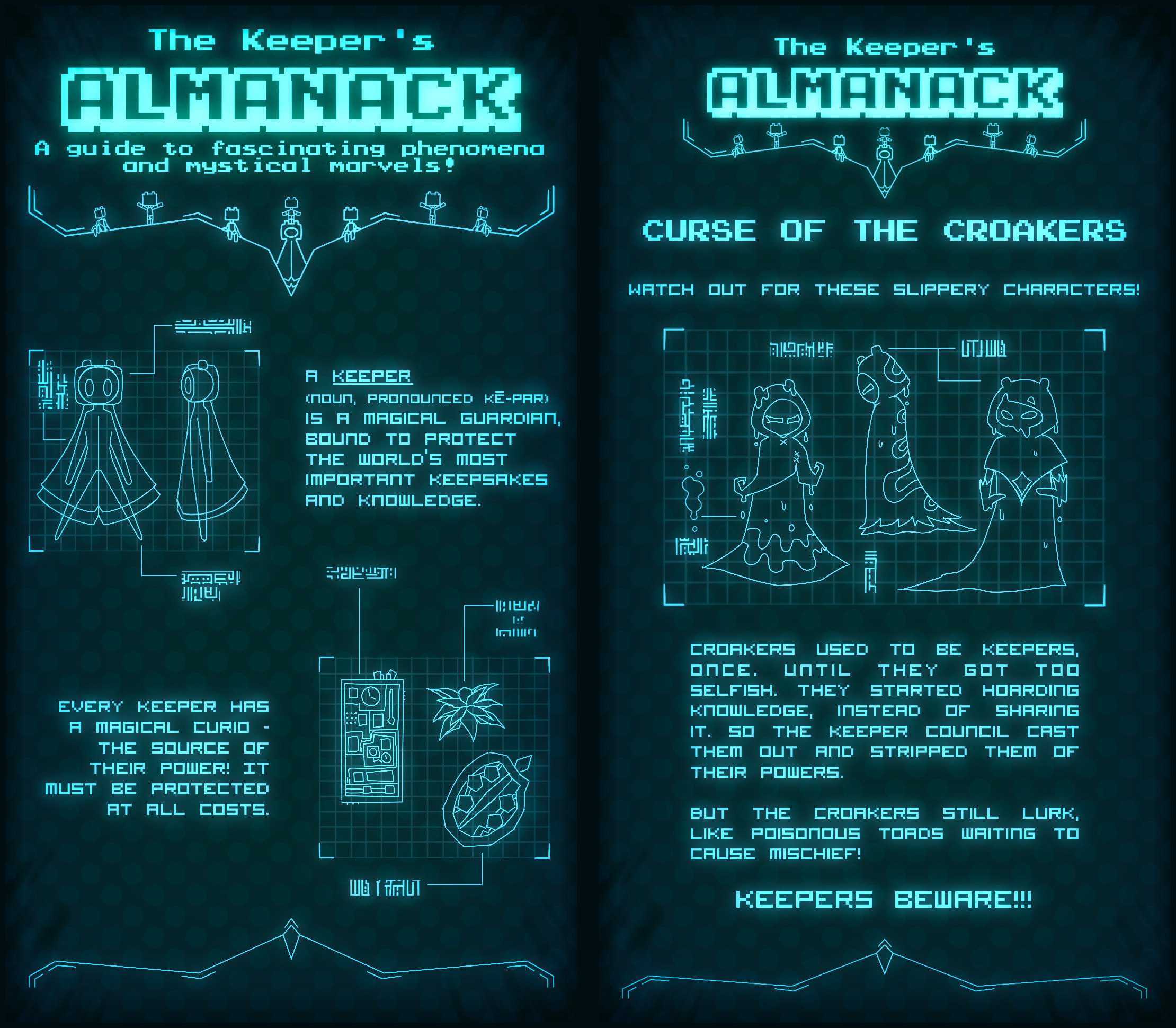 Keeper's Almanack pages with lore about the World of Keepers.
