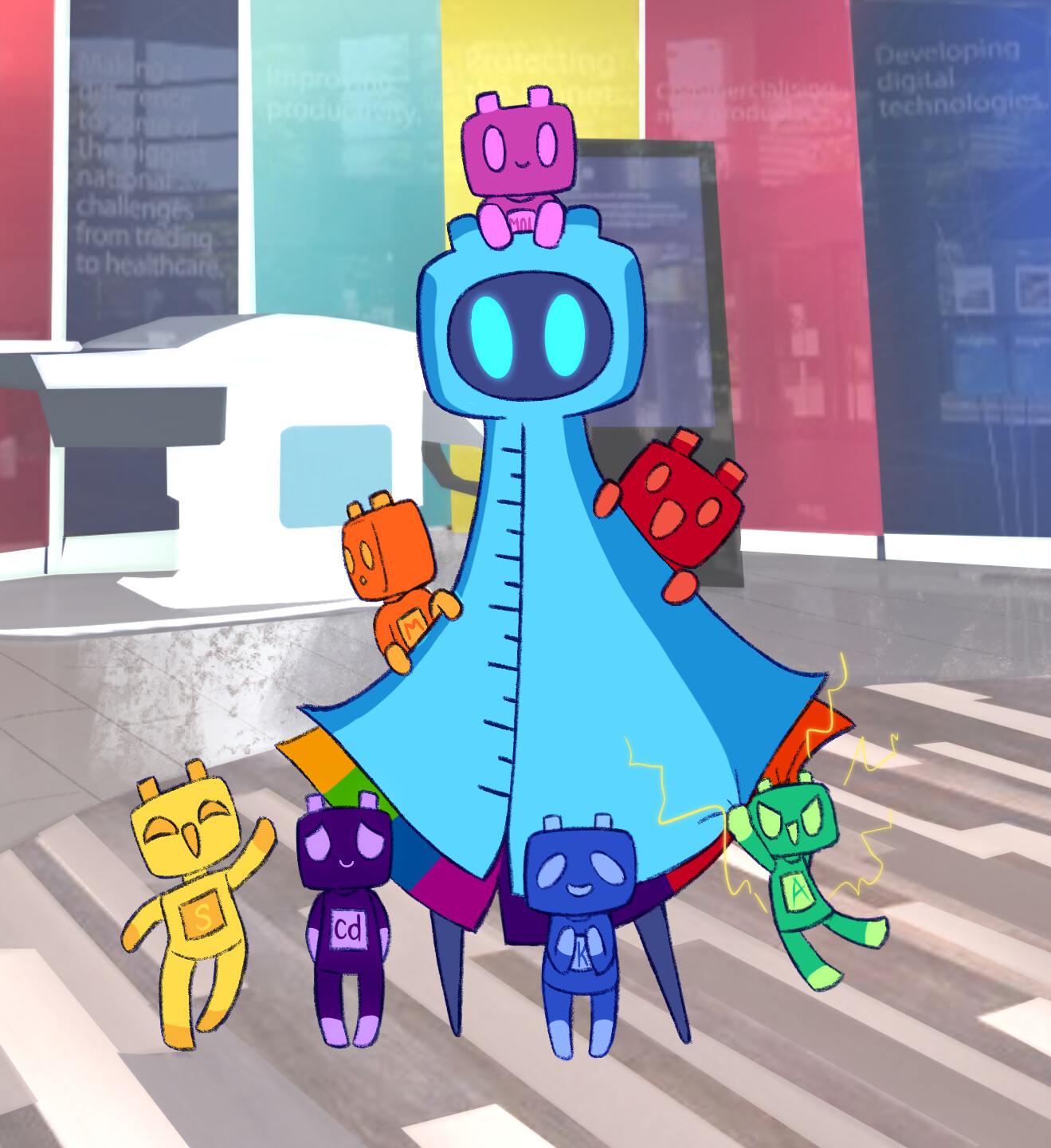 Key art of the Keeper of Measurement and the SI-Bots together.