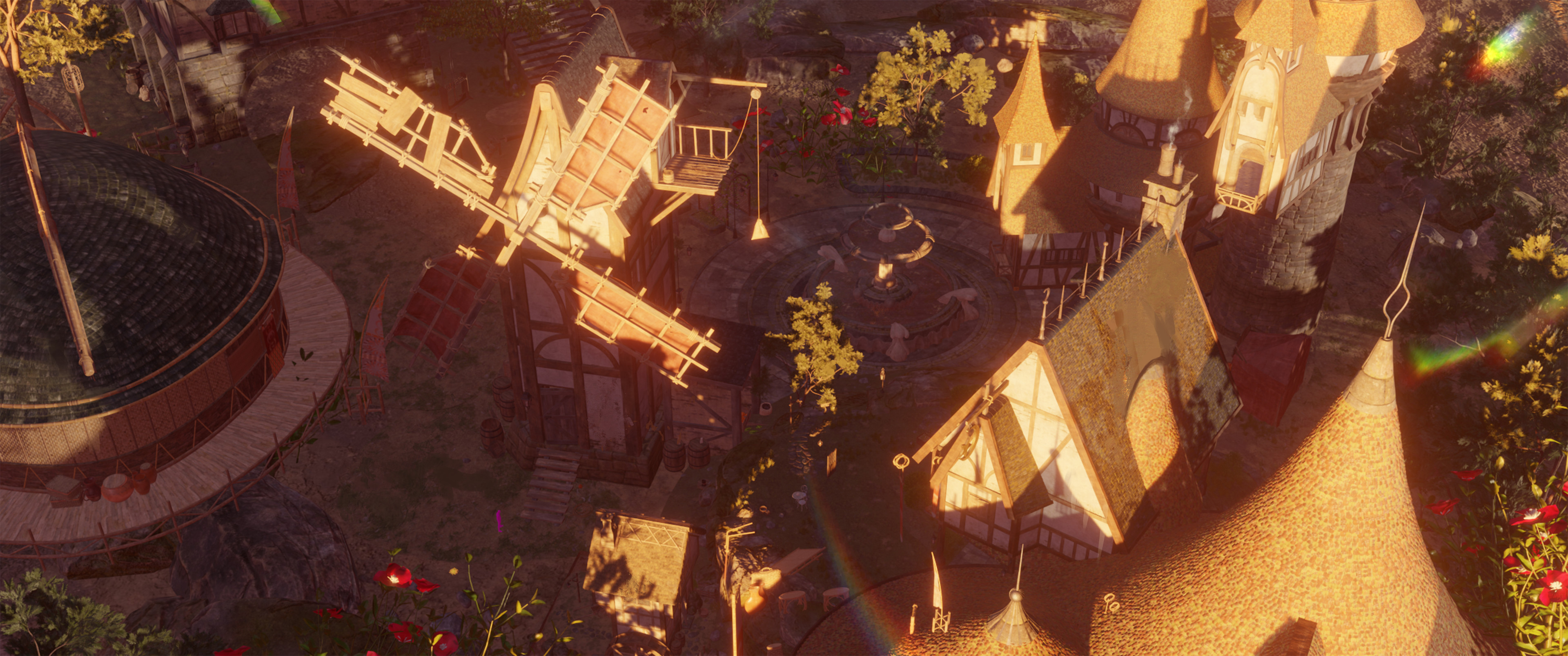 Aerial Shot of fantastical village outside 