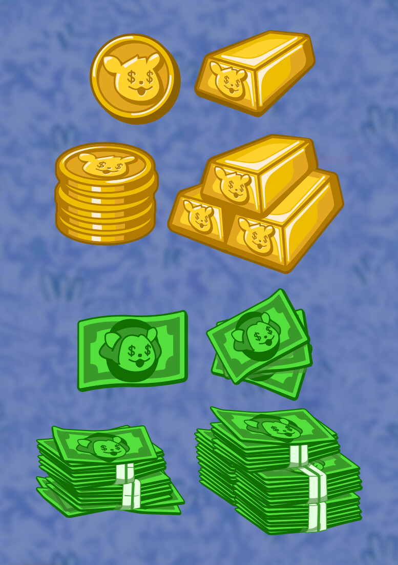 Art for the various tiers of the base in-game and premium currencies