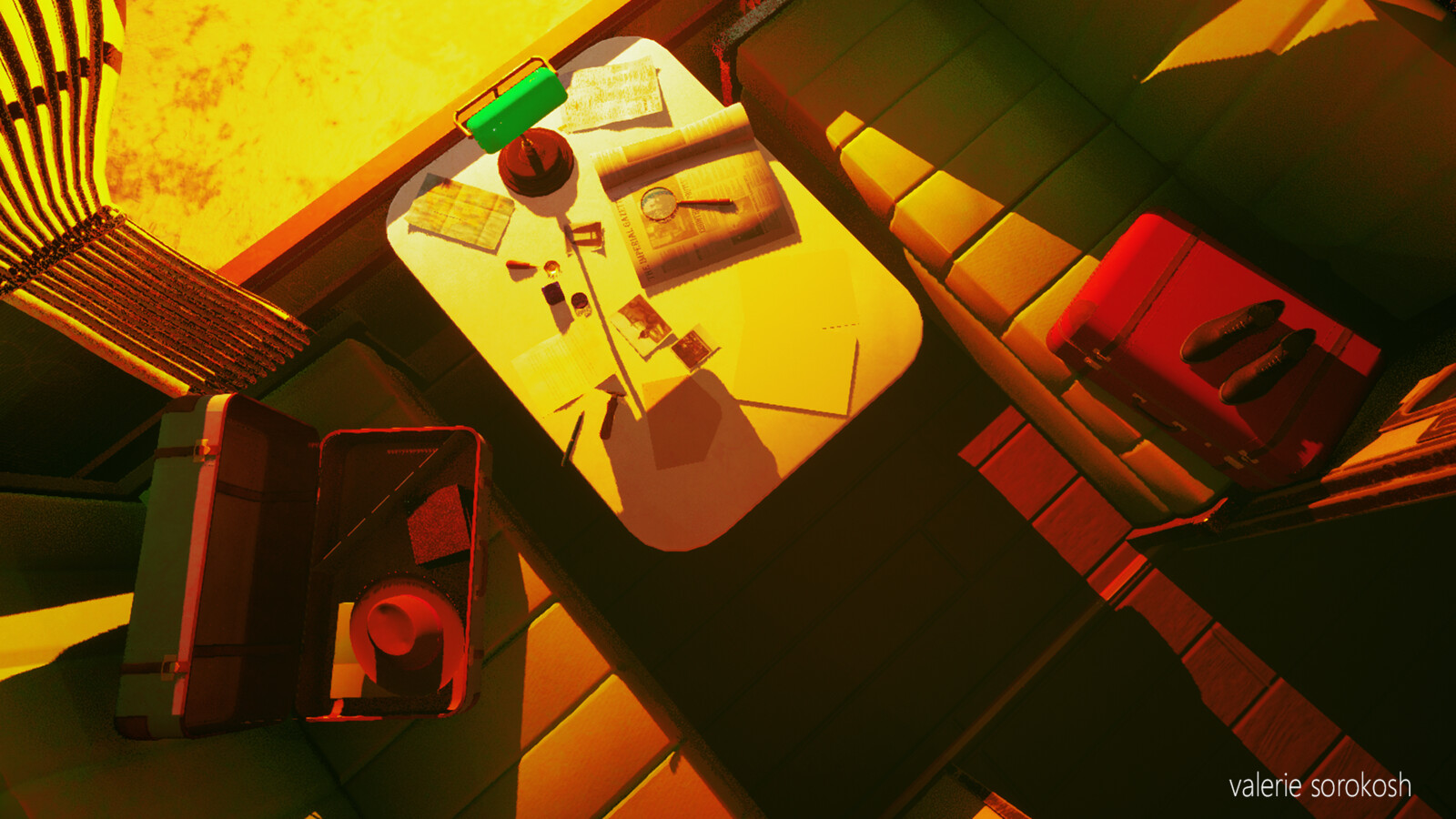 Detailed with detective props modeled within Blender. 