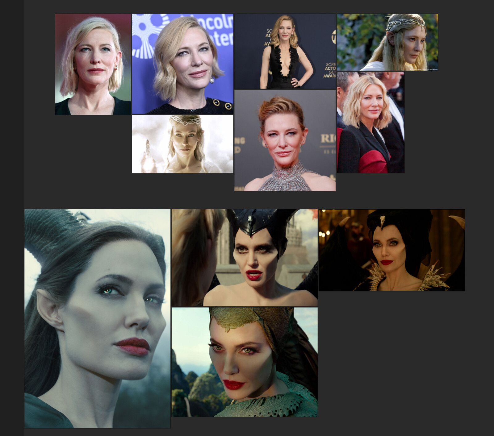 The face was a combination of two actresses. I liked the resemblances of a delicate elf from The Lord of the Rings, and the evilness from Maleficent's character. The result is a perfect mix for the design.