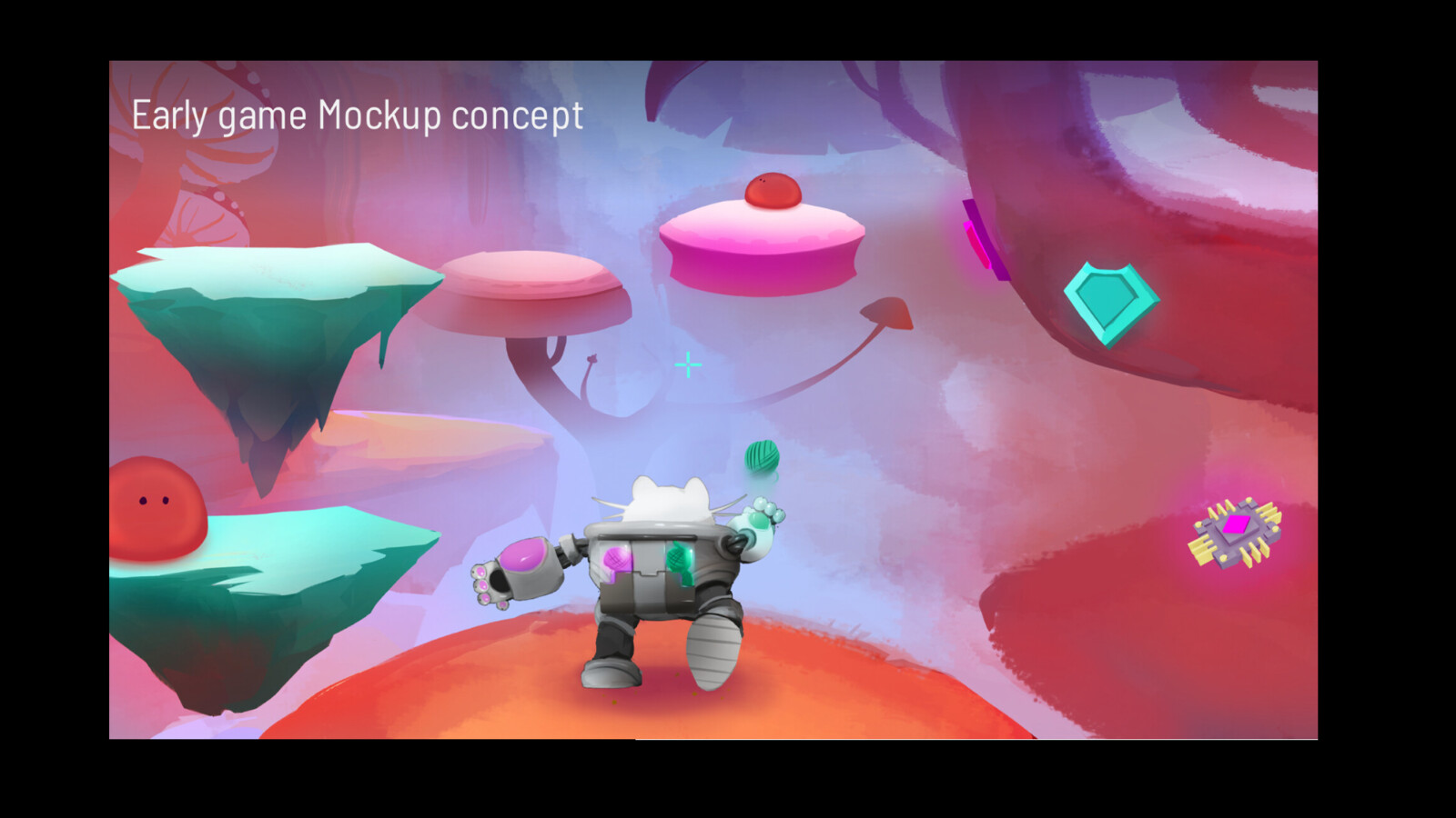Early concept sketch of what the game could look like. We wanted to make a small colourfull 3D platformer where you play as a space cat in a robot mech.
