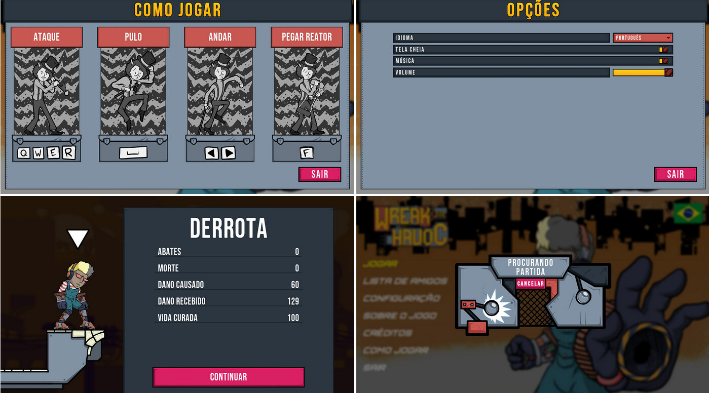 The menus all have a metal and scrap motif, to suit the logo aesthetic. All modals are standardized to a title plate with a large, capitalized font animating to drop-down content.