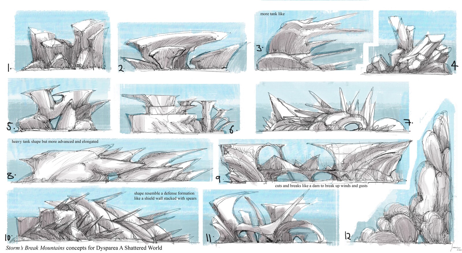 sketchbook work complied together for what some of storm break mountains would look like 