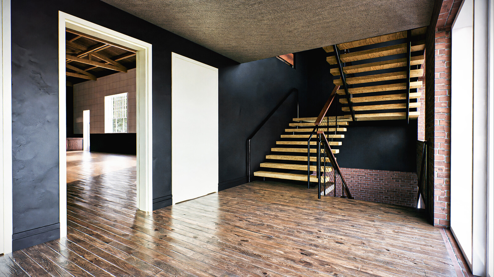 Stair sequence, main entrance on image right Image left offers glimpse into main event space with a rennovated stage beyond.